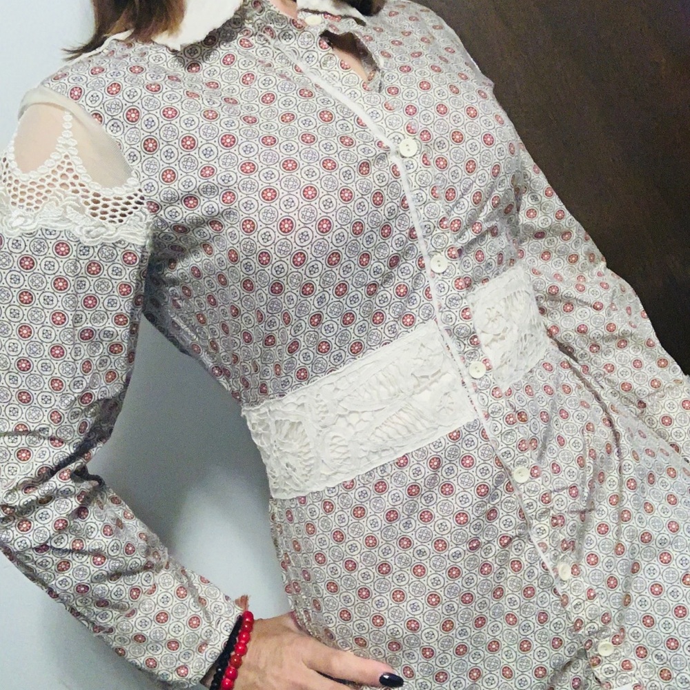 Free People ✨Cream Button-Front Blouse with Red & Blue Medallion Print